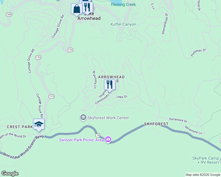 map of restaurants, bars, coffee shops, grocery stores, and more near 205 Roman Drive in Lake Arrowhead