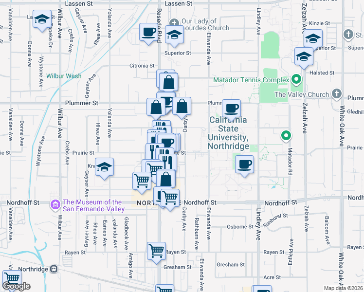 map of restaurants, bars, coffee shops, grocery stores, and more near 9301 Darby Avenue in Los Angeles