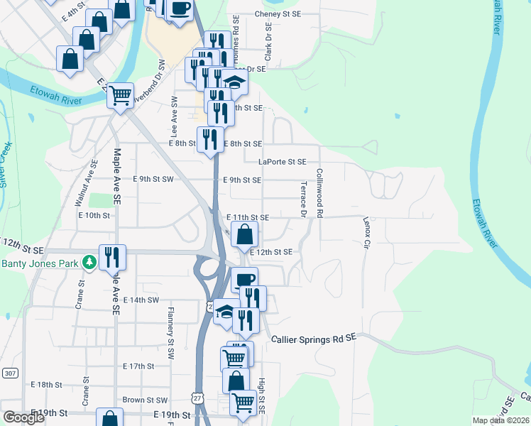 map of restaurants, bars, coffee shops, grocery stores, and more near 301 East 11th Street Southeast in Rome