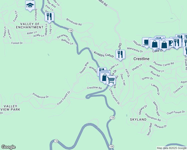 map of restaurants, bars, coffee shops, grocery stores, and more near 23354 Crest Forest Drive in Crestline