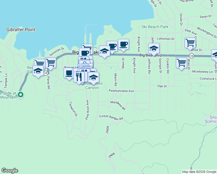 map of restaurants, bars, coffee shops, grocery stores, and more near 40954 Pennsylvania Avenue in Big Bear Lake