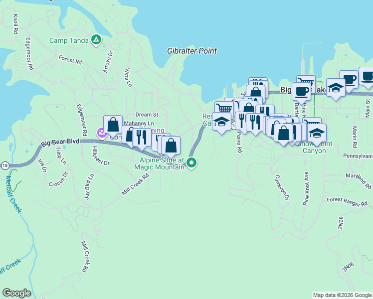 map of restaurants, bars, coffee shops, grocery stores, and more near 40376 Big Bear Boulevard in Big Bear Lake
