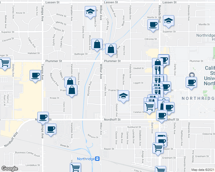 map of restaurants, bars, coffee shops, grocery stores, and more near 9310 Crebs Avenue in Los Angeles