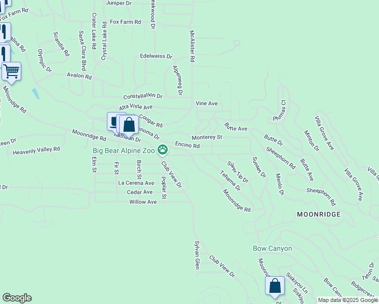map of restaurants, bars, coffee shops, grocery stores, and more near 42888 Sonoma Drive in Big Bear