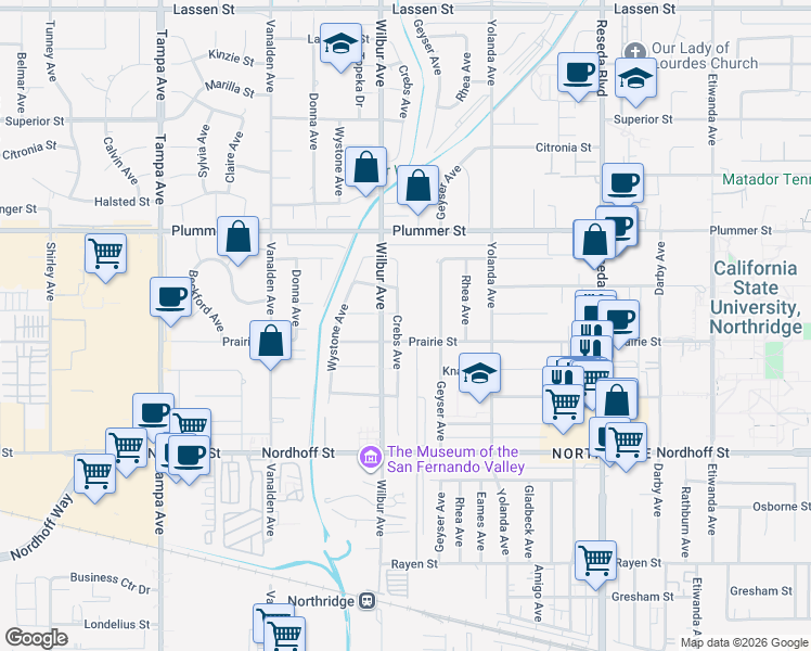 map of restaurants, bars, coffee shops, grocery stores, and more near 9310 Crebs Avenue in Los Angeles