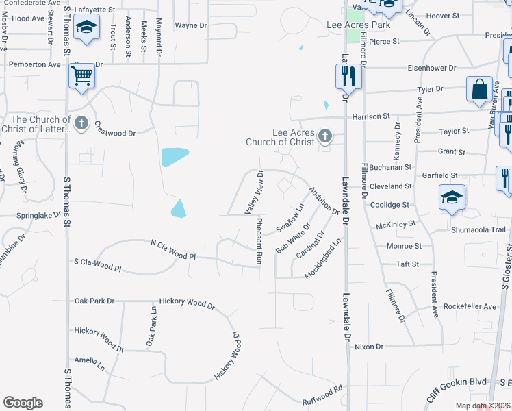 map of restaurants, bars, coffee shops, grocery stores, and more near 1713 Valley View Drive in Tupelo