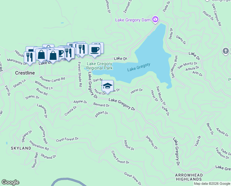 map of restaurants, bars, coffee shops, grocery stores, and more near 24311 Horst Drive in Crestline