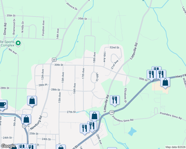 map of restaurants, bars, coffee shops, grocery stores, and more near 1832-1906 18th Avenue in Haleyville