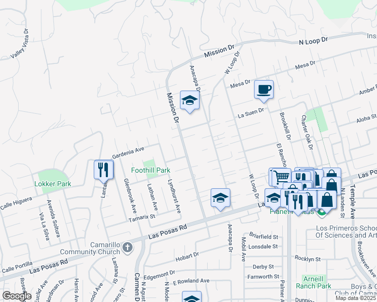 map of restaurants, bars, coffee shops, grocery stores, and more near 348 Mission Drive in Camarillo