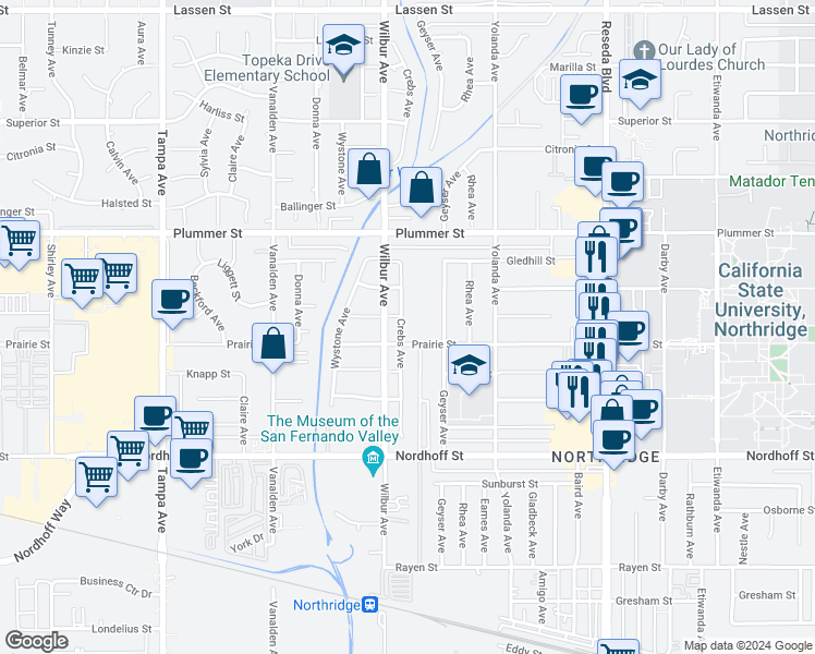 map of restaurants, bars, coffee shops, grocery stores, and more near 9310 Crebs Avenue in Los Angeles