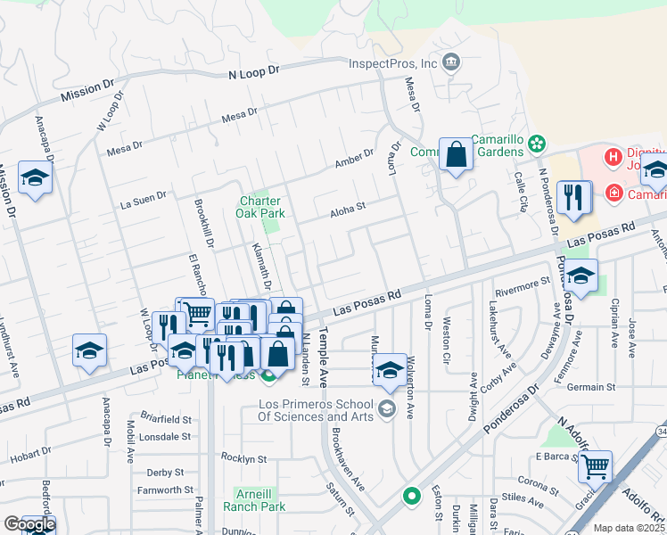 map of restaurants, bars, coffee shops, grocery stores, and more near 2724 East Via Del Nogal in Camarillo