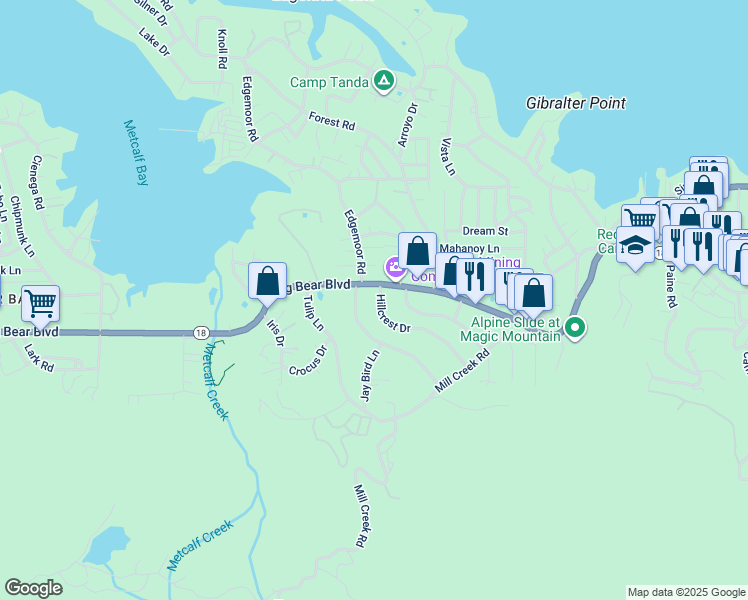 map of restaurants, bars, coffee shops, grocery stores, and more near 39965 Hillcrest Drive in Big Bear Lake