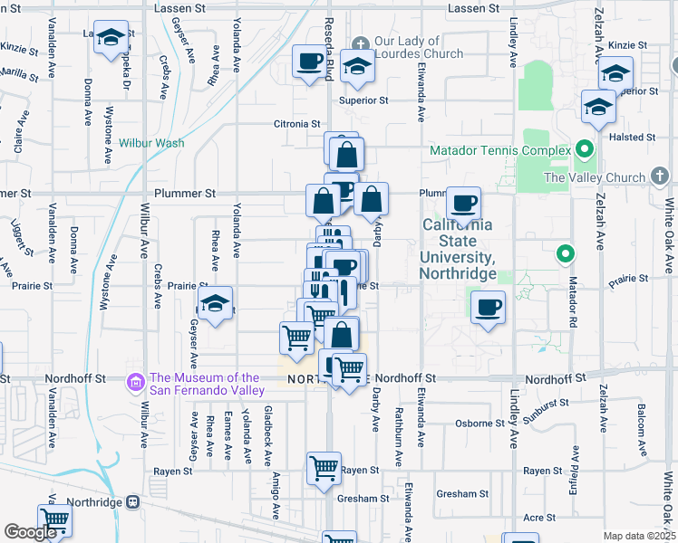 map of restaurants, bars, coffee shops, grocery stores, and more near 9250 Reseda Boulevard in Los Angeles