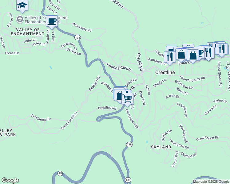 map of restaurants, bars, coffee shops, grocery stores, and more near 785 Woodland Road in Crestline