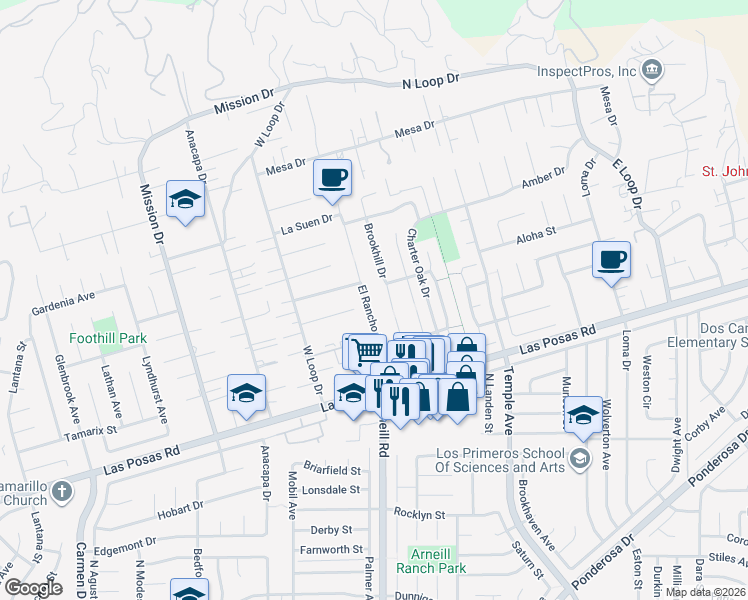 map of restaurants, bars, coffee shops, grocery stores, and more near 2271 Camilar Drive in Camarillo