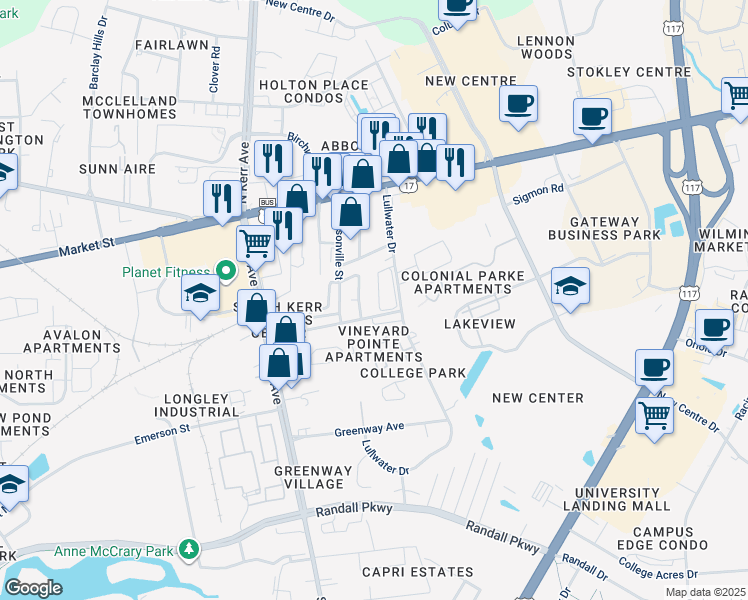 map of restaurants, bars, coffee shops, grocery stores, and more near 137 Lullwater Drive in Wilmington