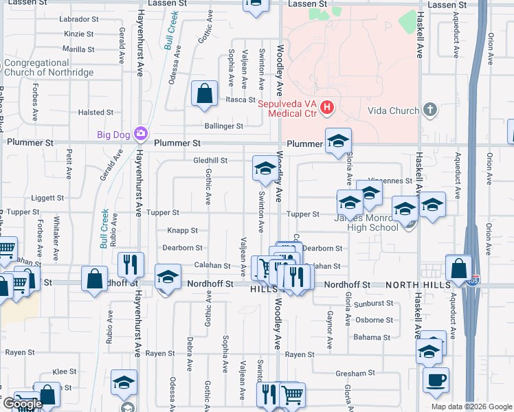 map of restaurants, bars, coffee shops, grocery stores, and more near 9309 Swinton Avenue in Los Angeles