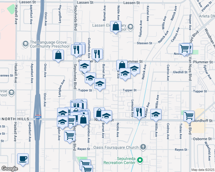 map of restaurants, bars, coffee shops, grocery stores, and more near 9300 Burnet Avenue in Los Angeles