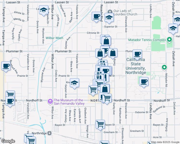 map of restaurants, bars, coffee shops, grocery stores, and more near 18540 Prairie Street in Los Angeles