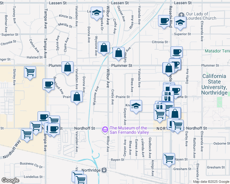 map of restaurants, bars, coffee shops, grocery stores, and more near 9264 Crebs Avenue in Los Angeles