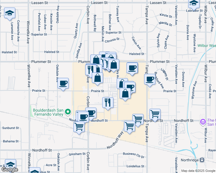 map of restaurants, bars, coffee shops, grocery stores, and more near 19549 Cardigan Drive in Los Angeles