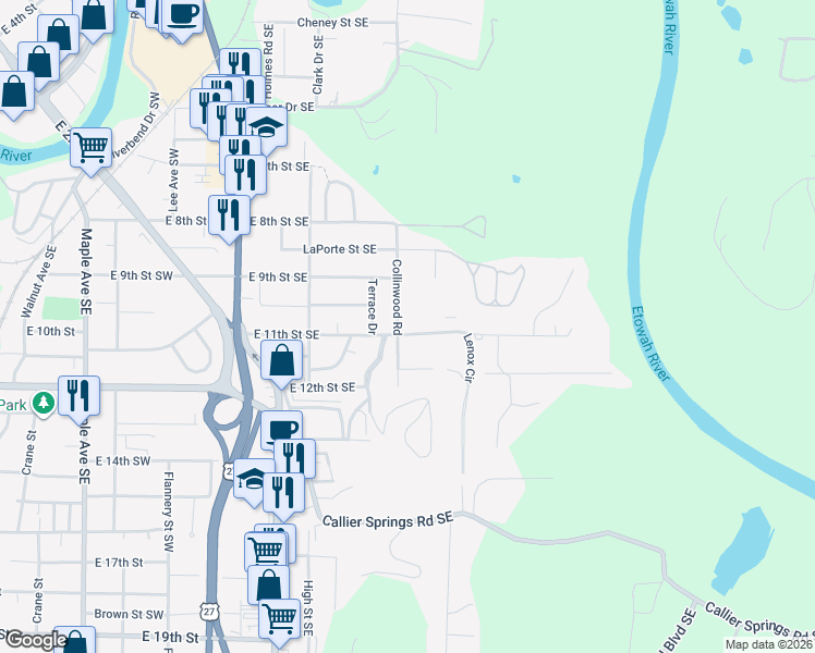 map of restaurants, bars, coffee shops, grocery stores, and more near 1101 Collinwood Road in Rome