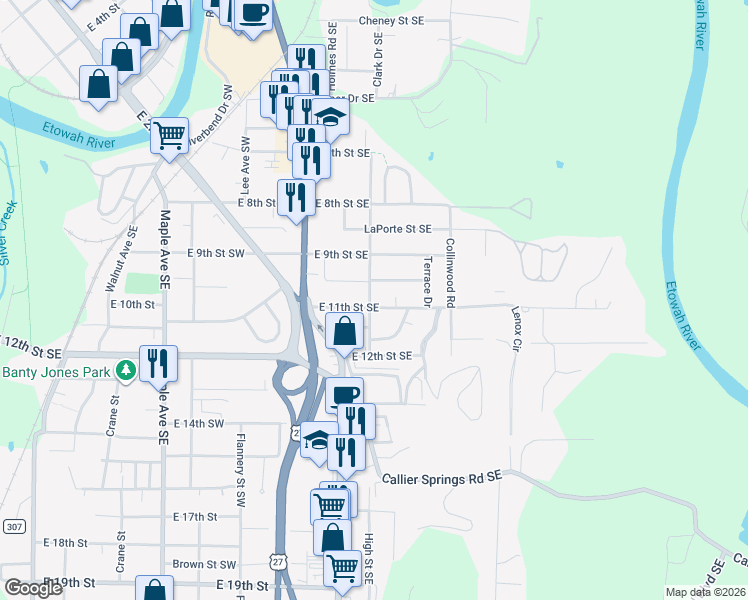 map of restaurants, bars, coffee shops, grocery stores, and more near 301 East 11th Street Southeast in Rome