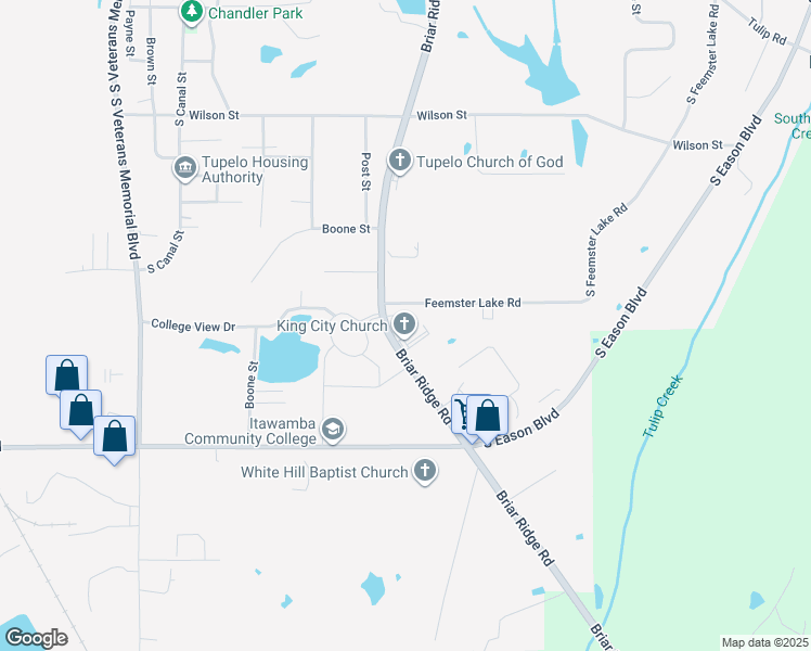 map of restaurants, bars, coffee shops, grocery stores, and more near 1921 Briar Ridge Road in Tupelo