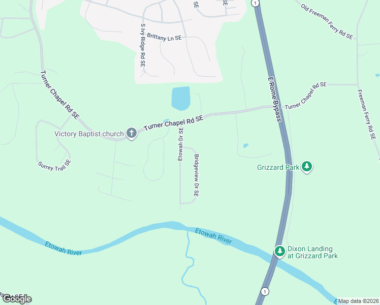 map of restaurants, bars, coffee shops, grocery stores, and more near 8 Bridgeview Drive Southeast in Rome