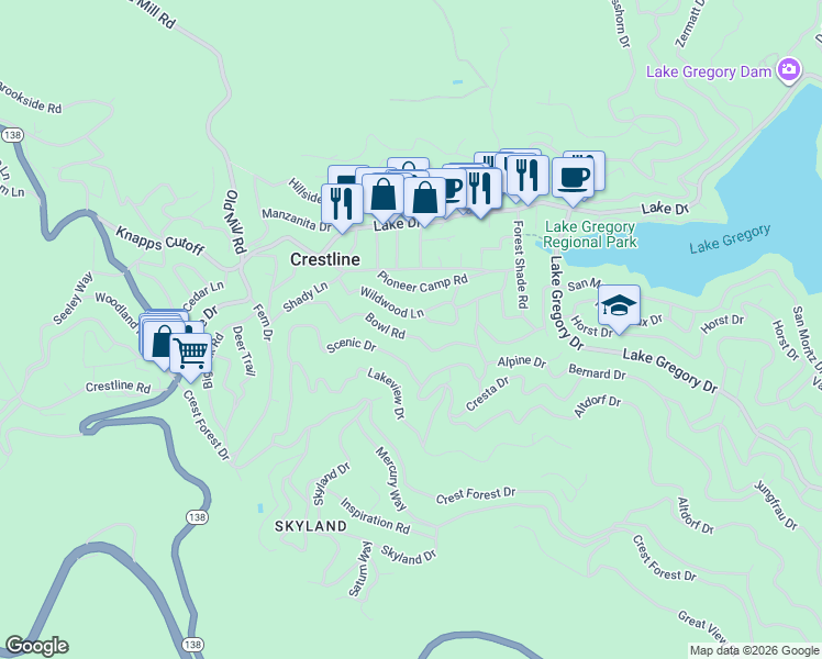 map of restaurants, bars, coffee shops, grocery stores, and more near 23899 Bowl Road in Crestline