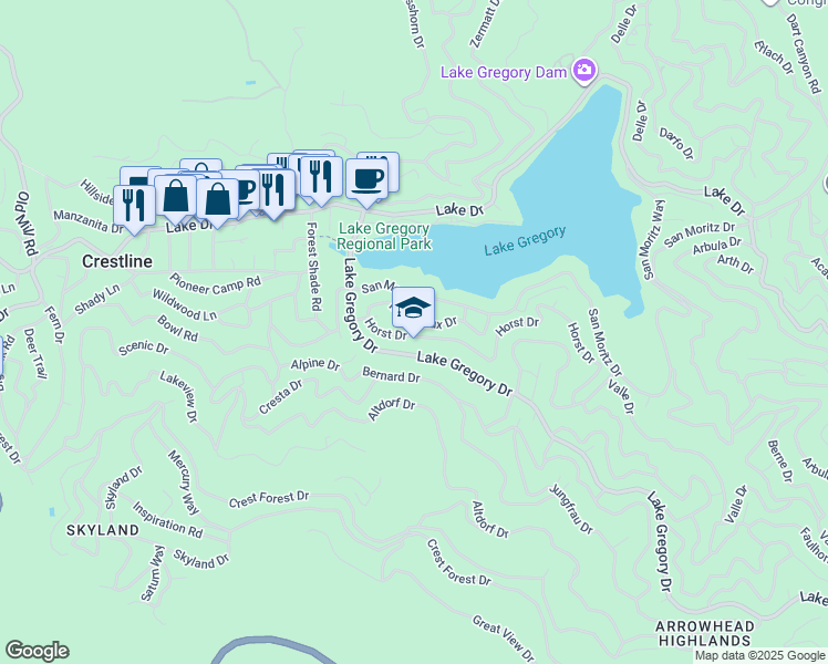 map of restaurants, bars, coffee shops, grocery stores, and more near 24250 Horst Drive in Crestline