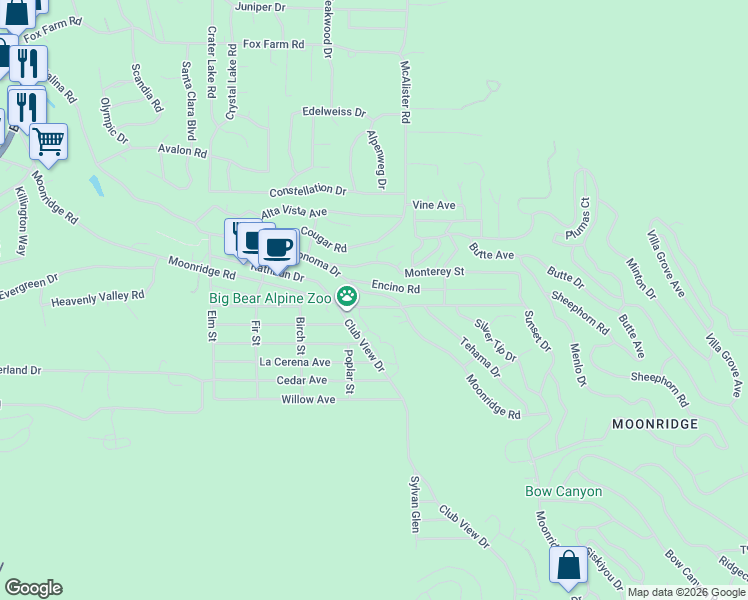 map of restaurants, bars, coffee shops, grocery stores, and more near 760 Club View Drive in Big Bear Lake