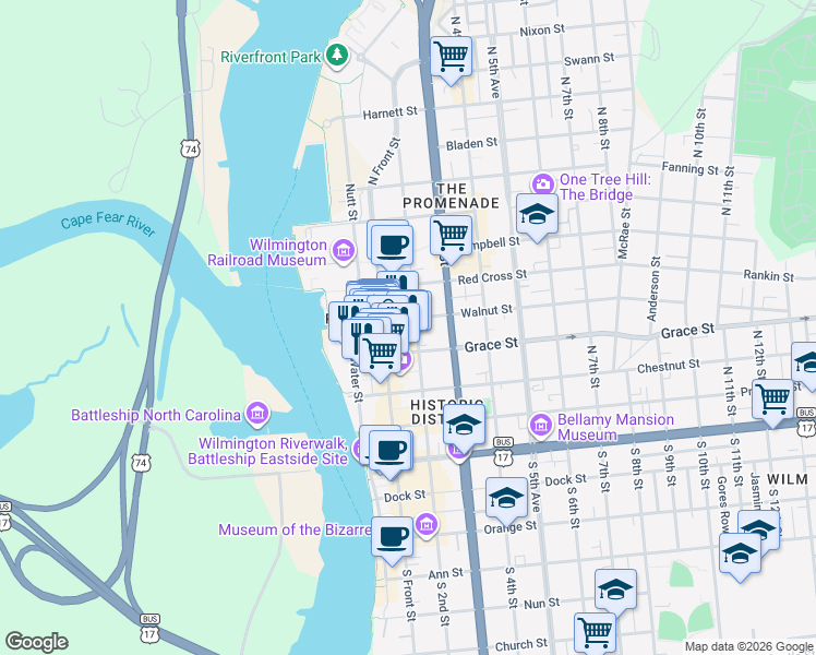 map of restaurants, bars, coffee shops, grocery stores, and more near 302 North Front Street in Wilmington