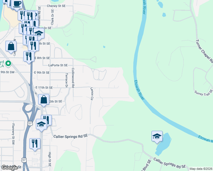 map of restaurants, bars, coffee shops, grocery stores, and more near 506 East 11th Street Southeast in Rome