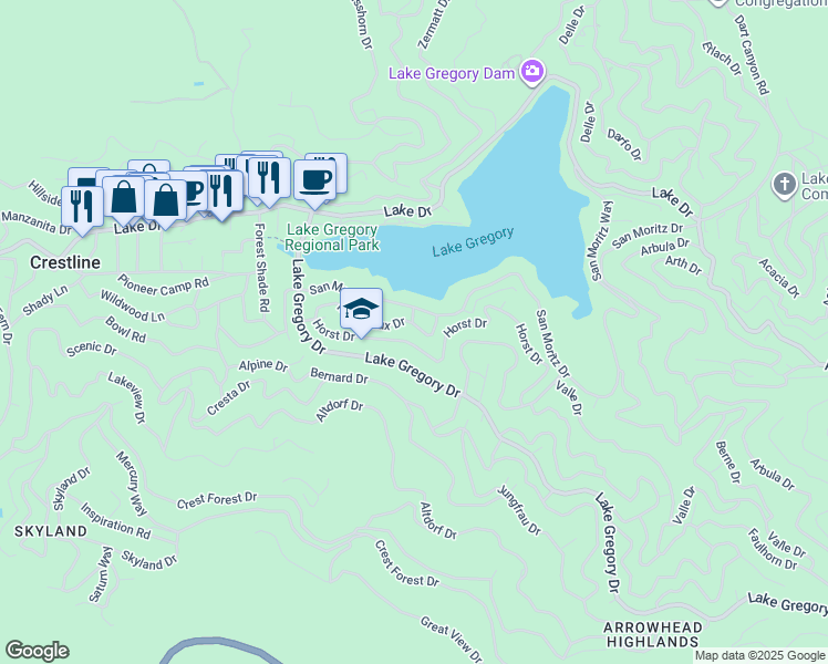 map of restaurants, bars, coffee shops, grocery stores, and more near 24327 Montreaux Drive in Crestline