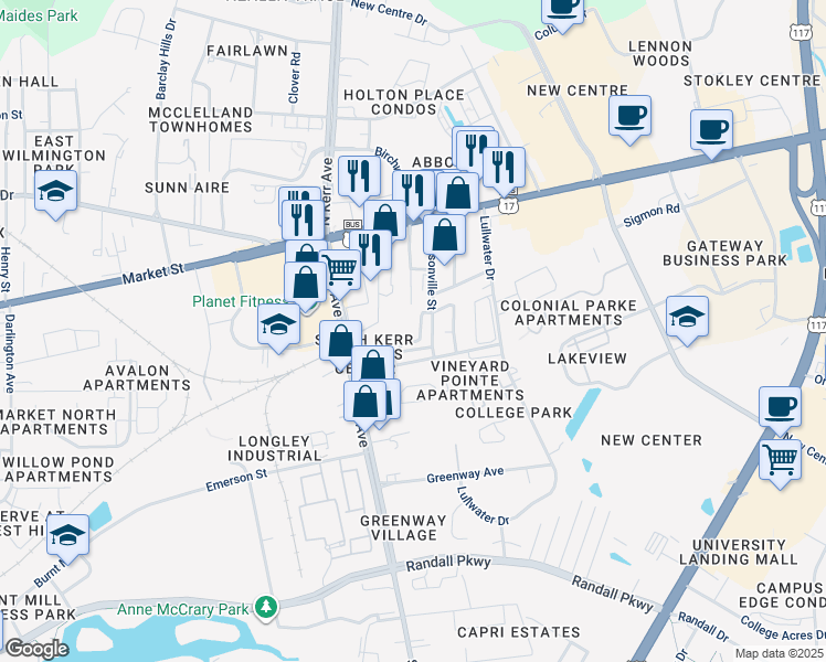 map of restaurants, bars, coffee shops, grocery stores, and more near 108 Jacksonville Street in Wilmington