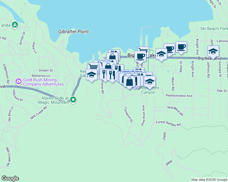 map of restaurants, bars, coffee shops, grocery stores, and more near 40671 Village Drive in Big Bear Lake