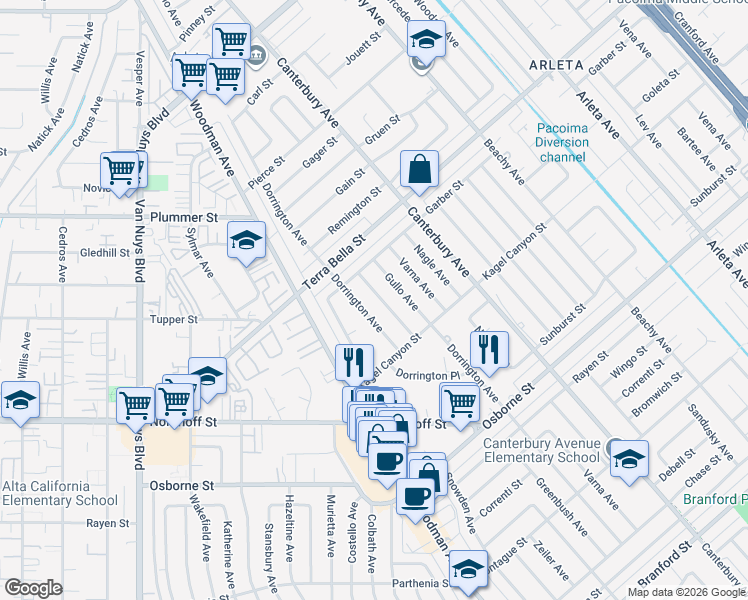 map of restaurants, bars, coffee shops, grocery stores, and more near 9341 Greenbush Avenue in Los Angeles