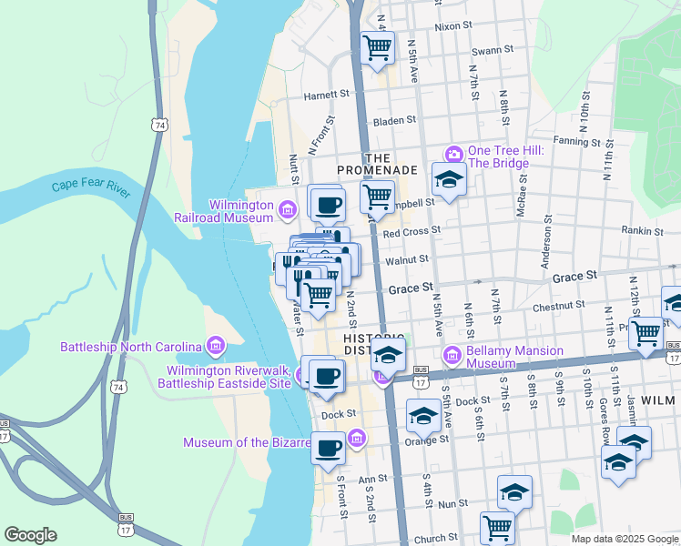 map of restaurants, bars, coffee shops, grocery stores, and more near 302 North Front Street in Wilmington