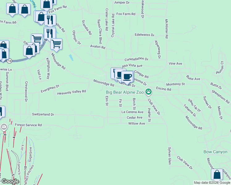 map of restaurants, bars, coffee shops, grocery stores, and more near 42546 Peregrine Avenue in Big Bear Lake