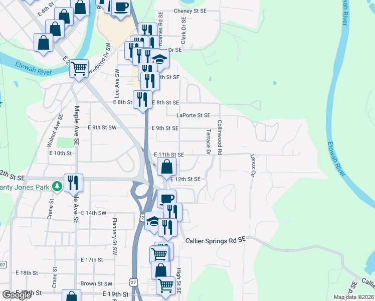 map of restaurants, bars, coffee shops, grocery stores, and more near 302 East 11th Street Southeast in Rome