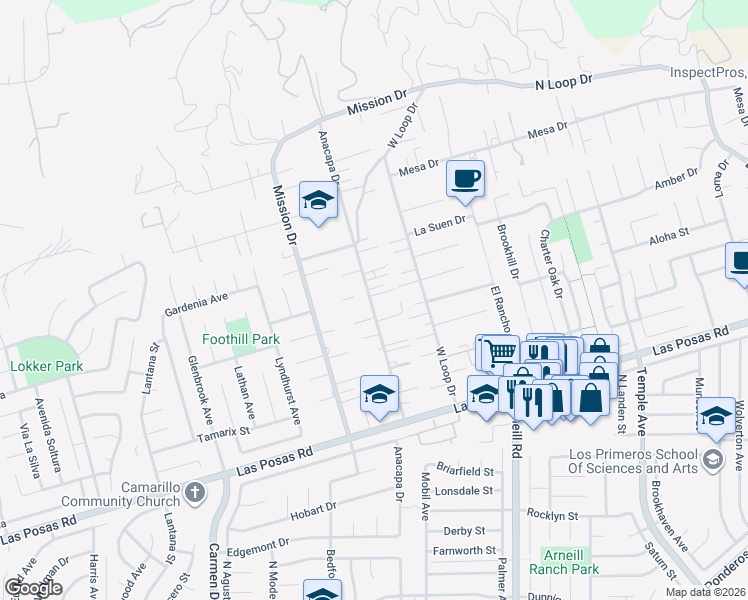 map of restaurants, bars, coffee shops, grocery stores, and more near 312 Anacapa Drive in Camarillo
