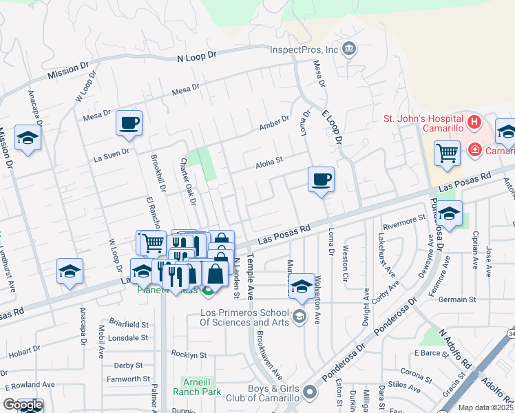 map of restaurants, bars, coffee shops, grocery stores, and more near 2724 East Via Del Nogal in Camarillo