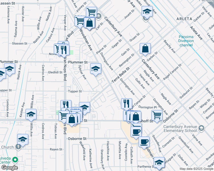 map of restaurants, bars, coffee shops, grocery stores, and more near 9391 Woodman Avenue in Los Angeles