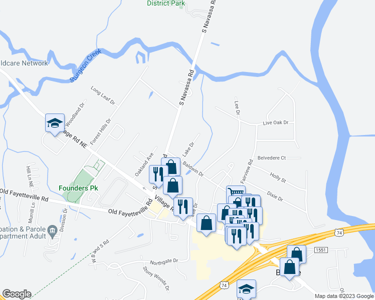map of restaurants, bars, coffee shops, grocery stores, and more near Lake Drive in Leland
