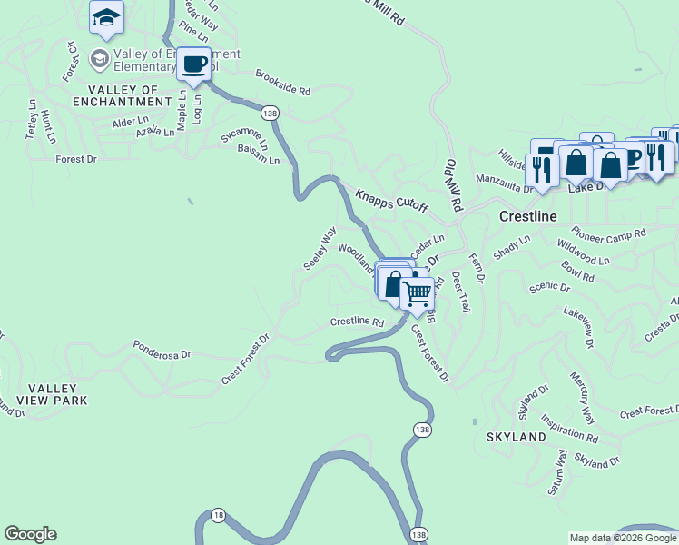 map of restaurants, bars, coffee shops, grocery stores, and more near 757 North Village Lane in Crestline