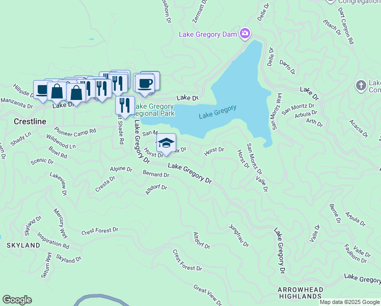 map of restaurants, bars, coffee shops, grocery stores, and more near 24327 Montreaux Drive in Crestline