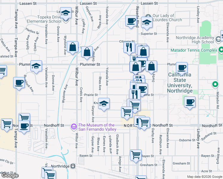 map of restaurants, bars, coffee shops, grocery stores, and more near 18644 Liggett Street in Los Angeles