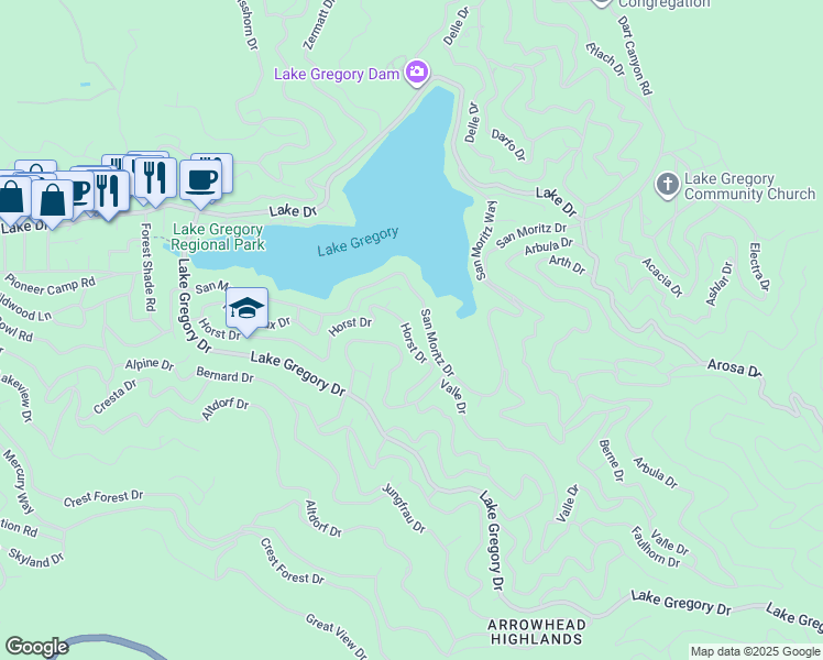 map of restaurants, bars, coffee shops, grocery stores, and more near 24540 Horst Drive in Crestline