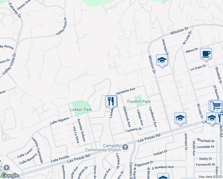 map of restaurants, bars, coffee shops, grocery stores, and more near 2069 Baja Vista Way in Camarillo